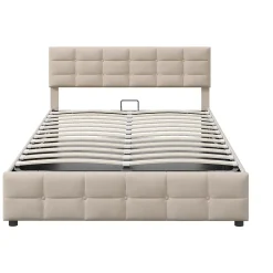 Okwish Lit Coffre 180x200 cm - Lit Hydraulique avec Rangement Sous Le Lit et Sommier À Lattes, Velours Beige, Sans Matelas* Lit Coffre