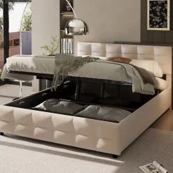 Okwish Lit Coffre 180x200 cm - Lit Hydraulique avec Rangement Sous Le Lit et Sommier À Lattes, Velours Beige, Sans Matelas* Lit Coffre