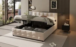 Okwish Lit Coffre 180x200 cm - Lit Hydraulique avec Rangement Sous Le Lit et Sommier À Lattes, Velours Beige, Sans Matelas* Lit Coffre