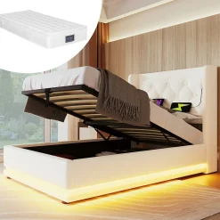 Lit coffre 90x200 cm - Lit simple rembourré avec USB Type-C et LED - PU - Matelas Inclus - Blanc>Okwish Outlet