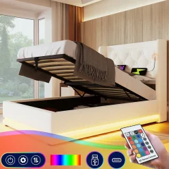 Lit coffre 90x200 cm - Lit simple rembourré avec USB Type-C et LED - PU - Matelas Inclus - Blanc><noscript><img width=