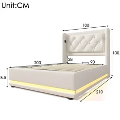 Lit coffre 90x200 cm - Lit simple rembourré avec USB Type-C et LED - PU - Matelas Inclus - Blanc><noscript><img width=