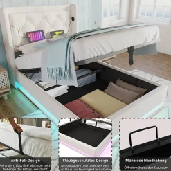 Lit coffre 90x200 cm - Lit simple rembourré avec USB Type-C et LED - PU - Matelas Inclus - Blanc><noscript><img width=
