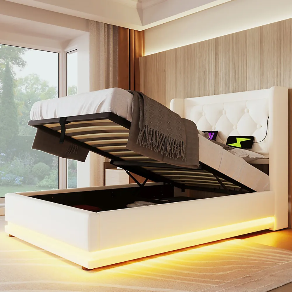 Lit coffre 90x200 cm - Lit simple rembourré avec USB Type-C et LED - PU - Matelas Inclus - Blanc>Okwish Outlet