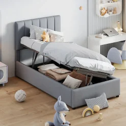 Lit coffre 90x200 cm - Lit simple avec ouverture hydraulique - en lin - Sans Matelas - Gris>Okwish Clearance