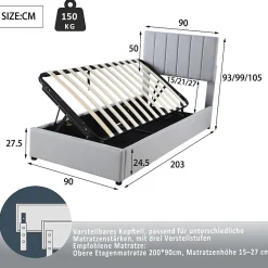 Lit coffre 90x200 cm - Lit simple avec ouverture hydraulique - en lin - Sans Matelas - Gris><noscript><img width=