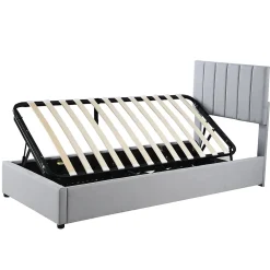 Lit coffre 90x200 cm - Lit simple avec ouverture hydraulique - en lin - Sans Matelas - Gris><noscript><img width=