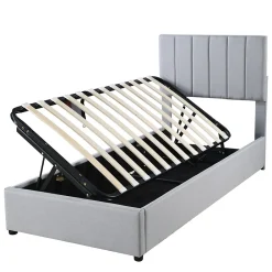 Lit coffre 90x200 cm - Lit simple avec ouverture hydraulique - en lin - Sans Matelas - Gris><noscript><img width=