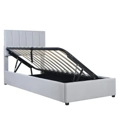 Lit coffre 90x200 cm - Lit simple avec ouverture hydraulique - en lin - Sans Matelas - Gris><noscript><img width=