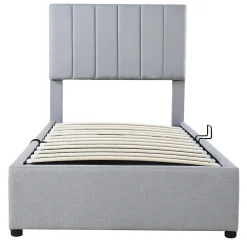 Lit coffre 90x200 cm - Lit simple avec ouverture hydraulique - en lin - Sans Matelas - Gris><noscript><img width=