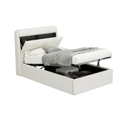 Okwish Lit Coffre 90x200 cm - Lit Simple Capitonné avec Tête de Lit et Rangement Caché - PU - Sans Matelas - Blanc* Lit Coffre