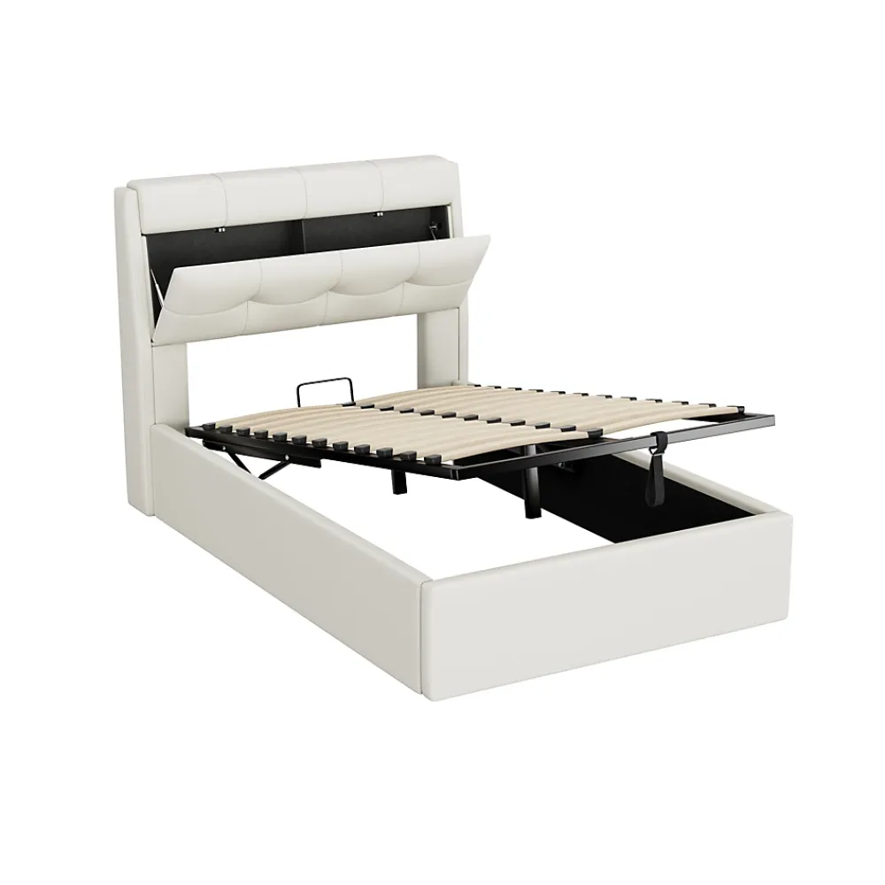 Okwish Lit Coffre 90x200 cm - Lit Simple Capitonné avec Tête de Lit et Rangement Caché - PU - Sans Matelas - Blanc* Lit Coffre