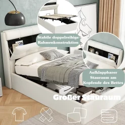 Okwish Lit Coffre 90x200 cm - Lit Simple Capitonné avec Tête de Lit et Rangement Caché - PU - Sans Matelas - Blanc* Lit Coffre