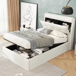 Okwish Lit Coffre 90x200 cm - Lit Simple Capitonné avec Tête de Lit et Rangement Caché - PU - Sans Matelas - Blanc* Lit Coffre