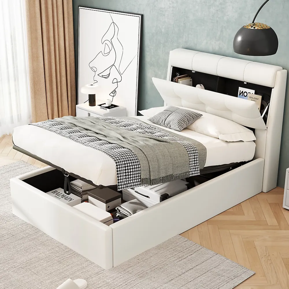 Okwish Lit Coffre 90x200 cm - Lit Simple Capitonné avec Tête de Lit et Rangement Caché - PU - Sans Matelas - Blanc* Lit Coffre