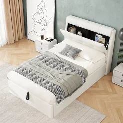 Okwish Lit Coffre 90x200 cm - Lit Simple Capitonné avec Tête de Lit et Rangement Caché - PU - Sans Matelas - Blanc* Lit Coffre