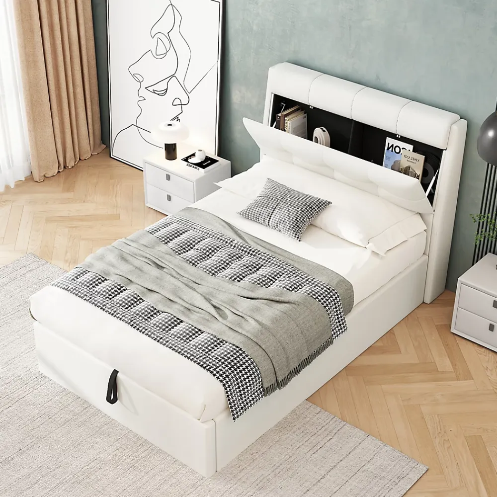 Okwish Lit Coffre 90x200 cm - Lit Simple Capitonné avec Tête de Lit et Rangement Caché - PU - Sans Matelas - Blanc* Lit Coffre