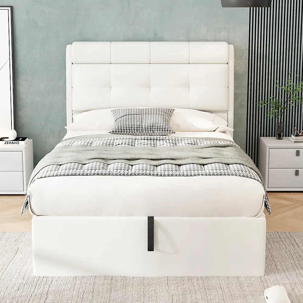 Okwish Lit Coffre 90x200 cm - Lit Simple Capitonné avec Tête de Lit et Rangement Caché - PU - Sans Matelas - Blanc* Lit Coffre