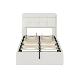 Okwish Lit Coffre 90x200 cm - Lit Simple Capitonné avec Tête de Lit et Rangement Caché - PU - Sans Matelas - Blanc* Lit Coffre