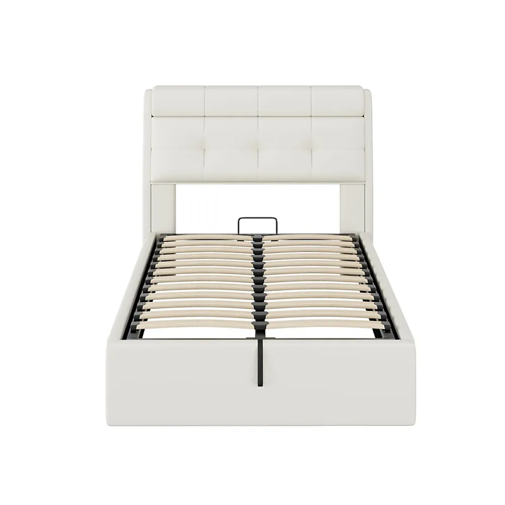 Okwish Lit Coffre 90x200 cm - Lit Simple Capitonné avec Tête de Lit et Rangement Caché - PU - Sans Matelas - Blanc* Lit Coffre