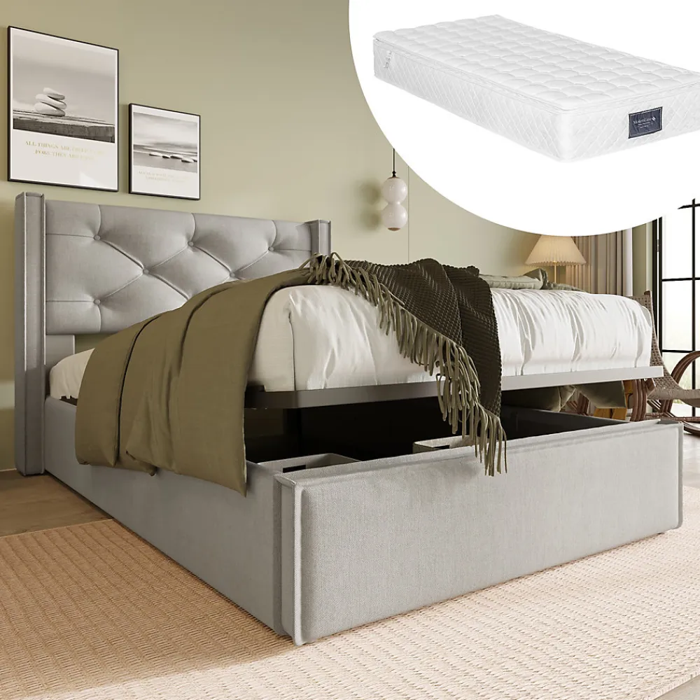 Lit coffre 90x200 cm - Lit simple capitonné avec sommier métallique - Bois massif + Métal - avec Matelas - Gris clair>Okwish Online