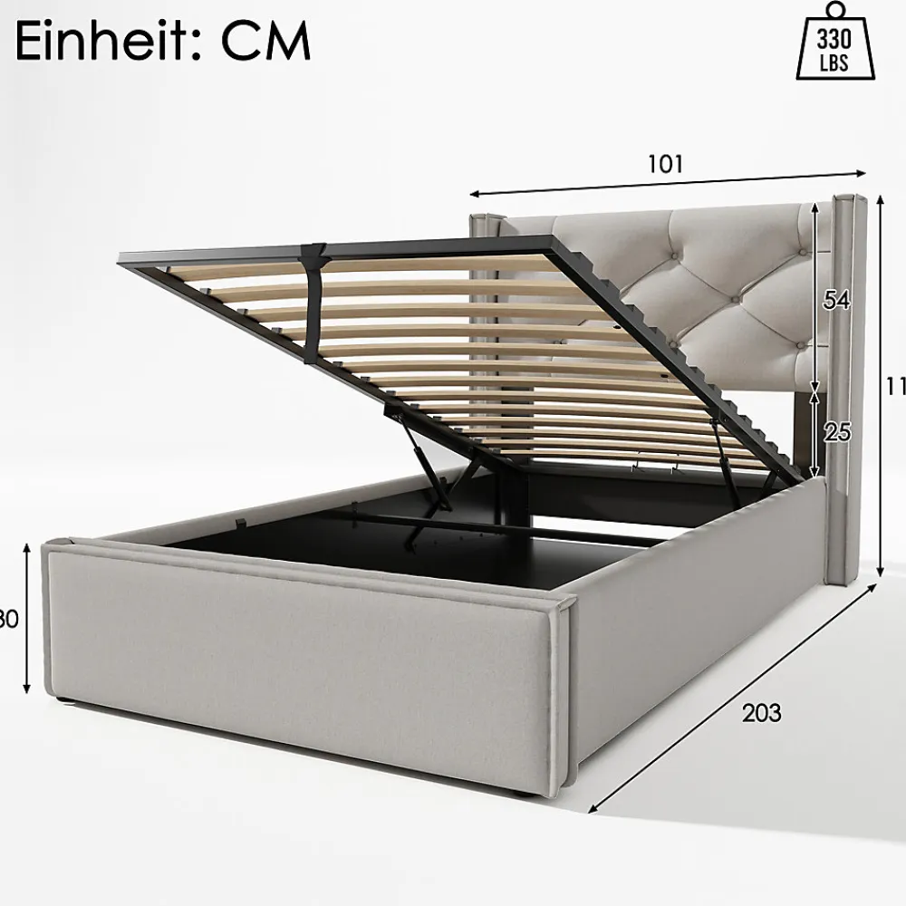 Lit coffre 90x200 cm - Lit simple capitonné avec sommier métallique - Bois massif + Métal - avec Matelas - Gris clair>Okwish Online