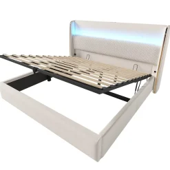 Okwish Lit Coffre 90x200 Cm - Lit Simple Moderne Avec Sommier Relevable Et Éclairage LED - Tissu Aspect Lin Beige* Lit Coffre