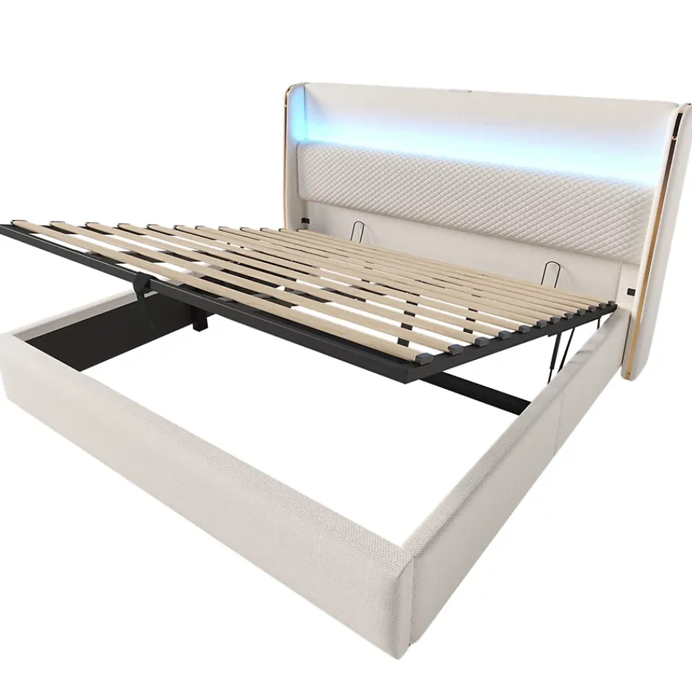 Okwish Lit Coffre 90x200 Cm - Lit Simple Moderne Avec Sommier Relevable Et Éclairage LED - Tissu Aspect Lin Beige* Lit Coffre