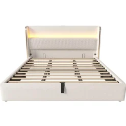 Okwish Lit Coffre 90x200 Cm - Lit Simple Moderne Avec Sommier Relevable Et Éclairage LED - Tissu Aspect Lin Beige* Lit Coffre