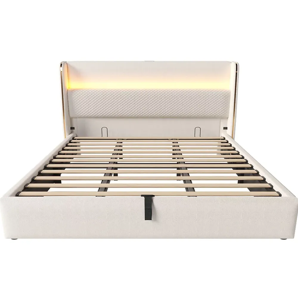 Okwish Lit Coffre 90x200 Cm - Lit Simple Moderne Avec Sommier Relevable Et Éclairage LED - Tissu Aspect Lin Beige* Lit Coffre