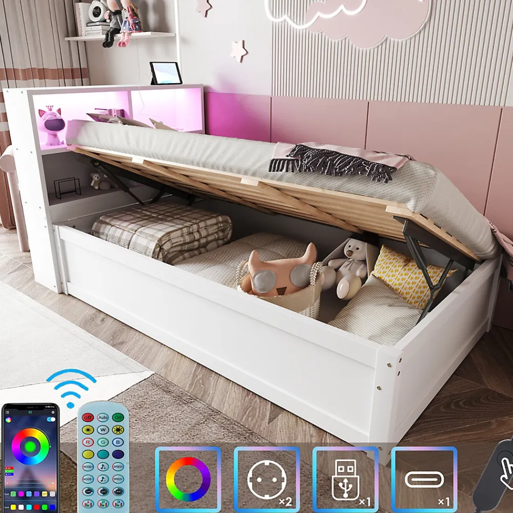 Lit Coffre 90x200 cm - Lit Simple avec Rangement, Tiroirs et Prises USB, Bois de Pin et MDF, Blanc - Sans Matelas>Okwish New