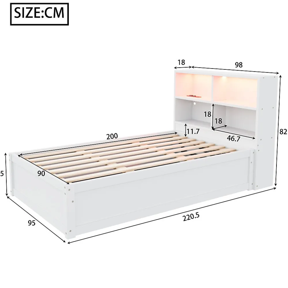 Lit Coffre 90x200 cm - Lit Simple avec Rangement, Tiroirs et Prises USB, Bois de Pin et MDF, Blanc - Sans Matelas>Okwish New