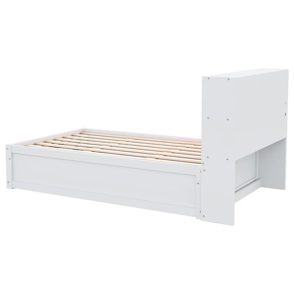 Lit Coffre 90x200 cm - Lit Simple avec Rangement, Tiroirs et Prises USB, Bois de Pin et MDF, Blanc - Sans Matelas>Okwish New