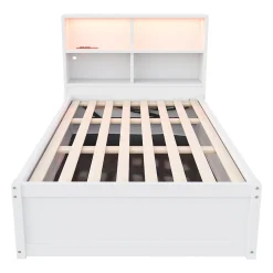 Lit Coffre 90x200 cm - Lit Simple avec Rangement, Tiroirs et Prises USB, Bois de Pin et MDF, Blanc - Sans Matelas><noscript><img width=