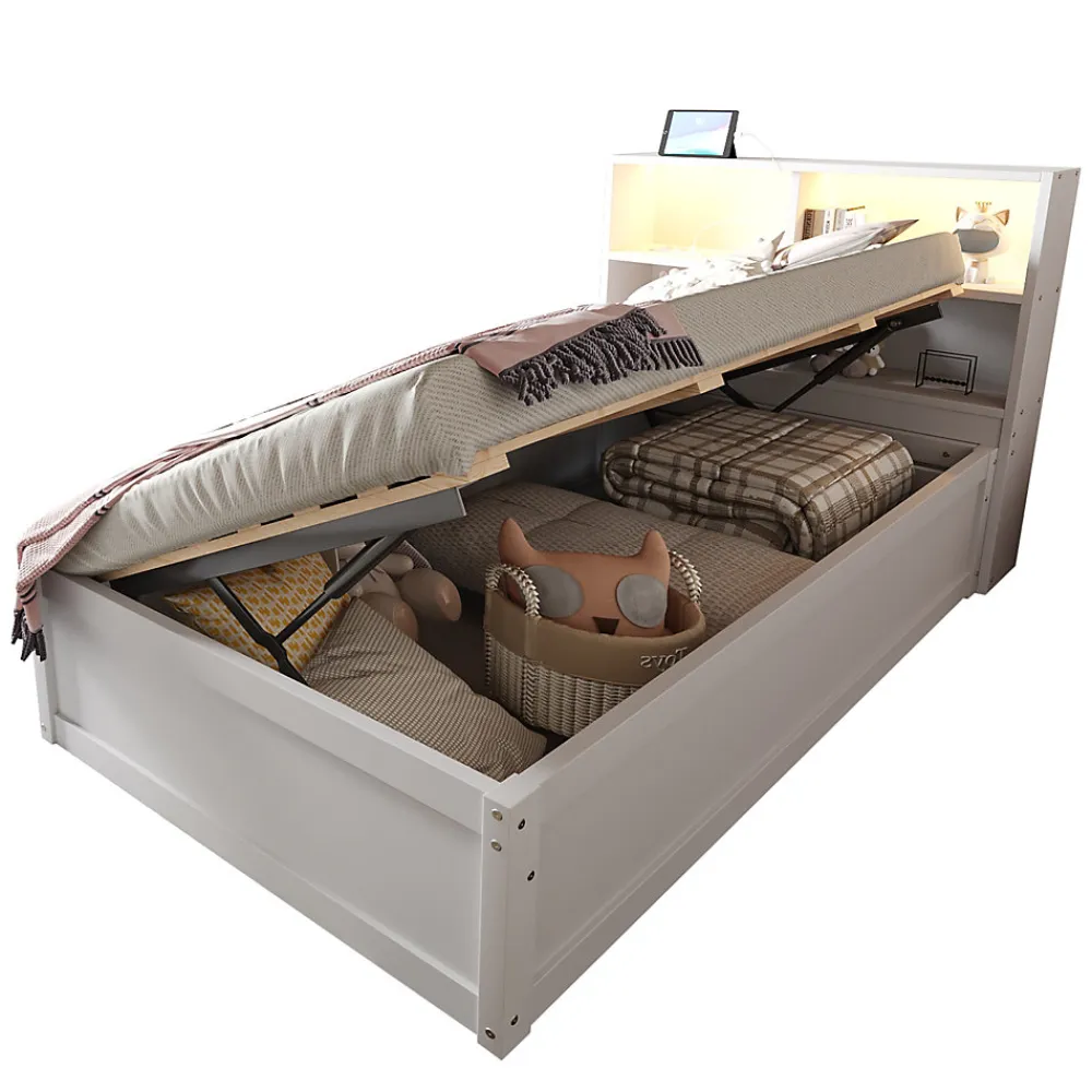 Lit Coffre 90x200 cm - Lit Simple avec Rangement, Tiroirs et Prises USB, Bois de Pin et MDF, Blanc - Sans Matelas>Okwish New