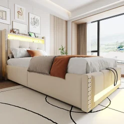 Lit Coffre 90x200 cm - Lit Simple avec Rangement, Éclairage LED Télécommandé et Prise USB, Sans Matelas, Beige><noscript><img width=