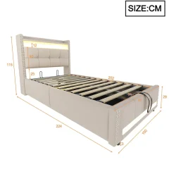 Lit Coffre 90x200 cm - Lit Simple avec Rangement, Éclairage LED Télécommandé et Prise USB, Sans Matelas, Beige><noscript><img width=