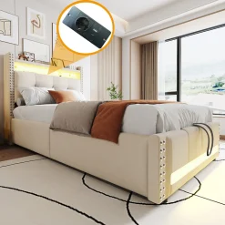 Lit Coffre 90x200 cm - Lit Simple avec Rangement, Éclairage LED Télécommandé et Prise USB, Sans Matelas, Beige><noscript><img width=