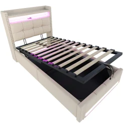 Lit Coffre 90x200 cm - Lit Simple avec Rangement, Éclairage LED Télécommandé et Prise USB, Sans Matelas, Beige><noscript><img width=