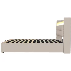 Lit Coffre 90x200 cm - Lit Simple avec Rangement, Éclairage LED Télécommandé et Prise USB, Sans Matelas, Beige><noscript><img width=