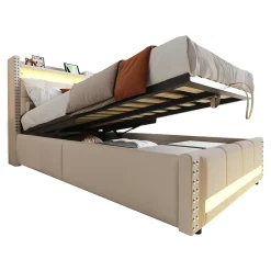 Lit Coffre 90x200 cm - Lit Simple avec Rangement, Éclairage LED Télécommandé et Prise USB, Sans Matelas, Beige><noscript><img width=
