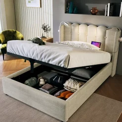 Okwish Lit Coffre 90x200 Cm - Lit Simple avec Ports USB et Lampe de Lecture - Lin - Sans Matelas - Beige* Lit Coffre