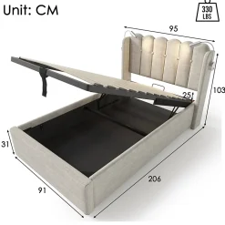 Okwish Lit Coffre 90x200 Cm - Lit Simple avec Ports USB et Lampe de Lecture - Lin - Sans Matelas - Beige* Lit Coffre