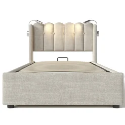 Okwish Lit Coffre 90x200 Cm - Lit Simple avec Ports USB et Lampe de Lecture - Lin - Sans Matelas - Beige* Lit Coffre