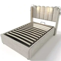 Okwish Lit Coffre 90x200 Cm - Lit Simple avec Ports USB et Lampe de Lecture - Lin - Sans Matelas - Beige* Lit Coffre