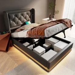 Lit coffre 90x200 cm - Lit simple rembourré avec USB Type-C et LED - PU - Sans Matelas - Noir>Generique Hot