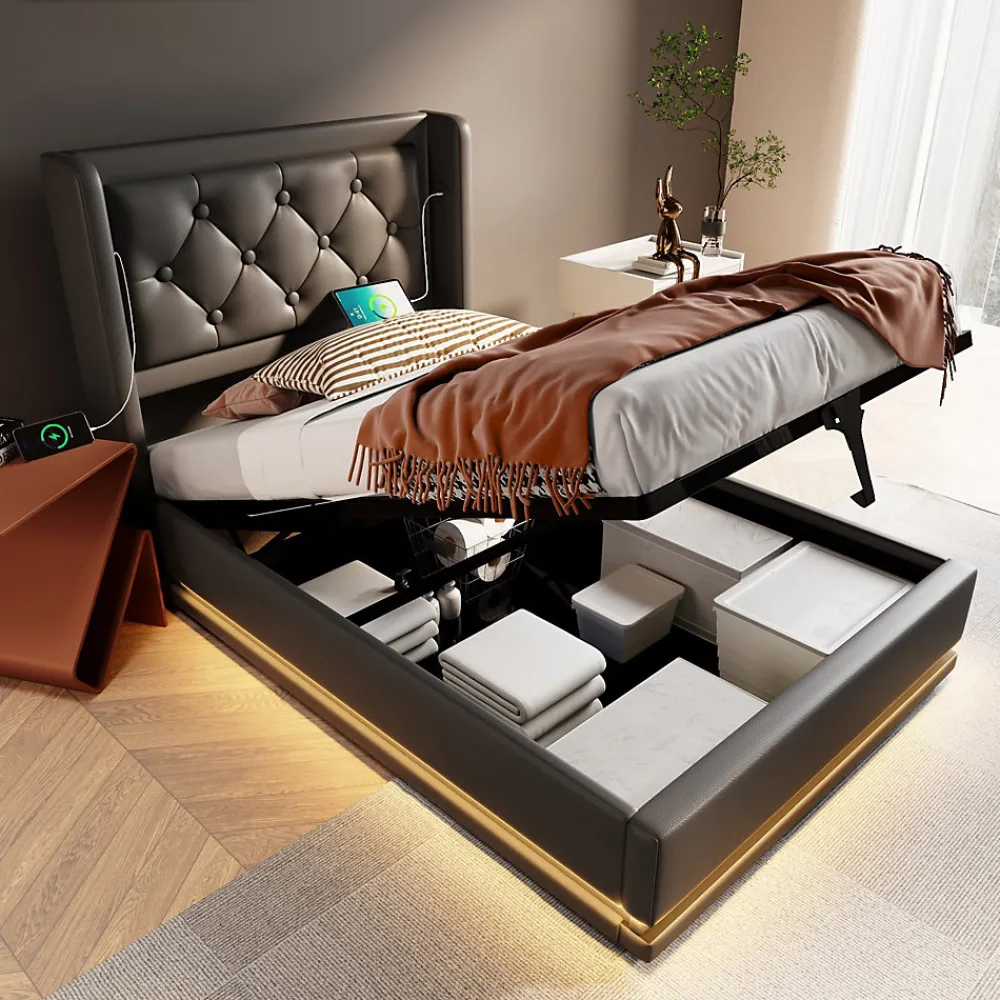 Lit coffre 90x200 cm - Lit simple rembourré avec USB Type-C et LED - PU - Sans Matelas - Noir>Generique Hot
