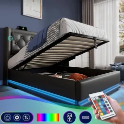 Lit coffre 90x200 cm - Lit simple rembourré avec USB Type-C et LED - PU - Sans Matelas - Noir>Generique Hot