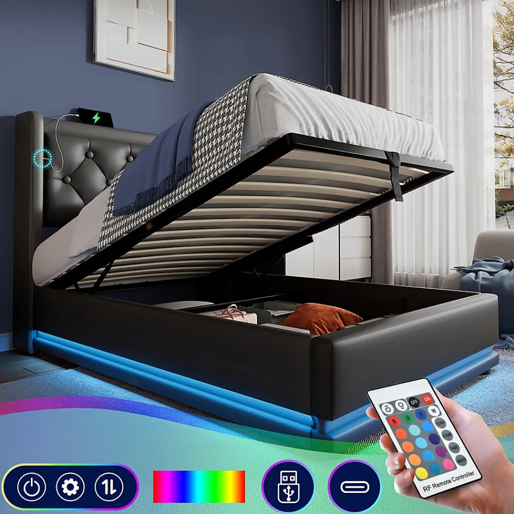 Lit coffre 90x200 cm - Lit simple rembourré avec USB Type-C et LED - PU - Sans Matelas - Noir>Generique Hot