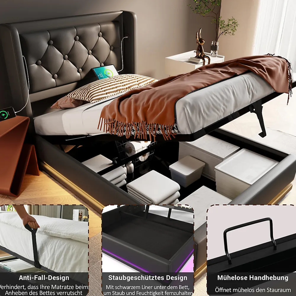 Lit coffre 90x200 cm - Lit simple rembourré avec USB Type-C et LED - PU - Sans Matelas - Noir>Generique Hot